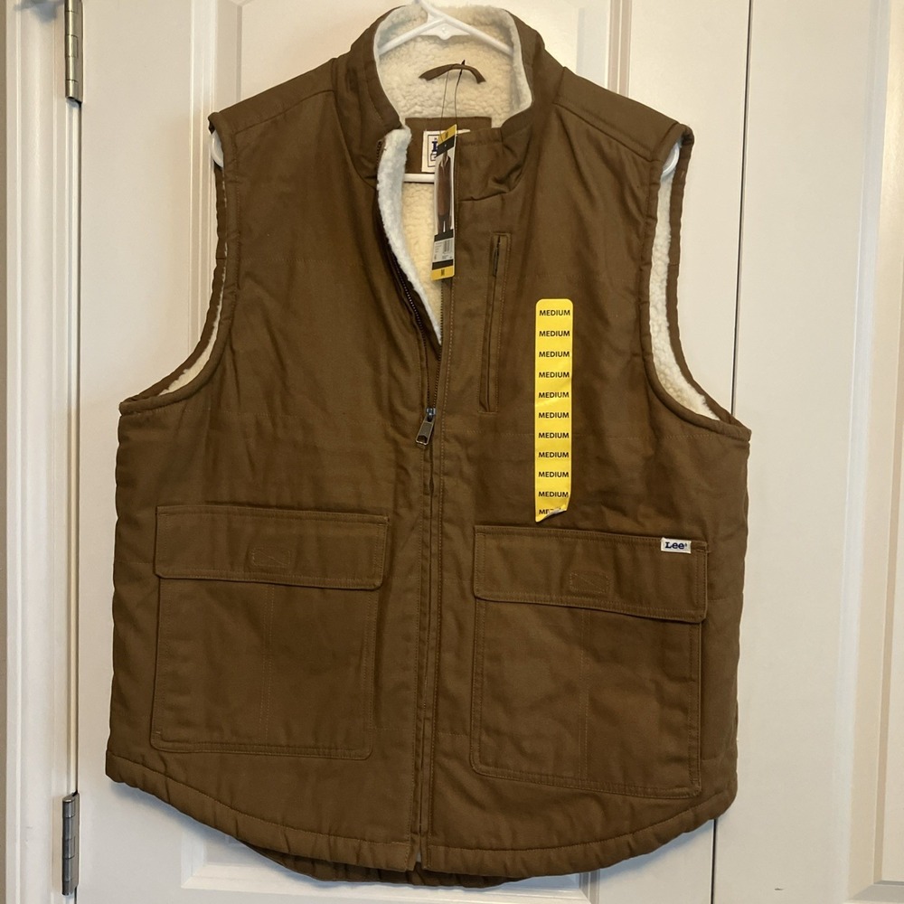 LEE MEN'S SHERPA LINED WORKWEAR CANVAS VEST-Tobacco-MEDIUM-NWT C1183